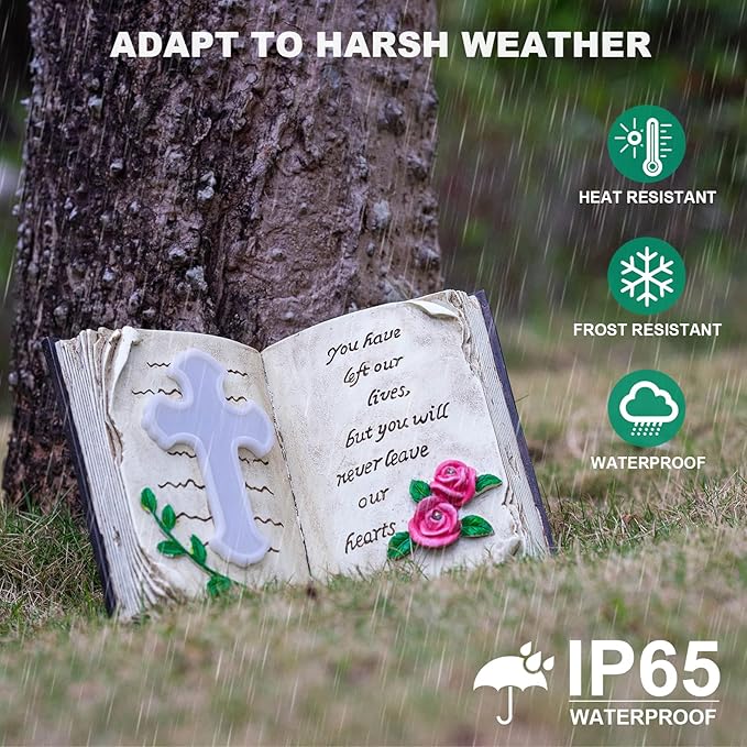 Outdoor Solar Memorial Cross Stakes Lights, Waterproof Book Statue Grave Decorations Sympathy Gifts for Cemetery Garden Lawn Yard Patio Home Decor