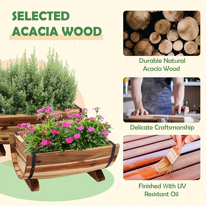 Solid Acacia Wood Half Barrel Planters Outdoor Set of 2 Different Sizes, Wooden Planters for Outdoor Plants with Metal Bands & Drainage Holes, Legs Included, Natural