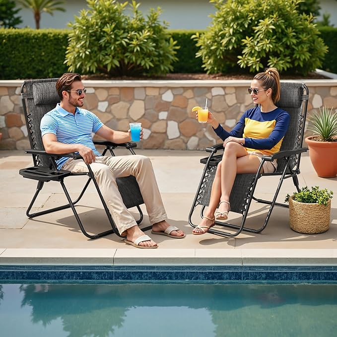 Homall Zero Gravity Chair - Adjustable Folding Lawn Chairs - Outdoor Gravity Reclining Lounge Chair with Pillows - Set of 2 (Double-Gray)