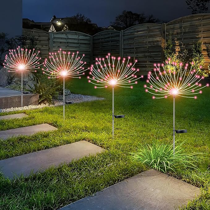 YOTOZU 4 PCS Solar Firework Light, Outdoor Solar Garden Decorative Lights 120 LED Powered 40 Copper Wires String DIY Landscape Light for Walkway Pathway Backyard Decoration Parties Perfect Gifts(Pink)