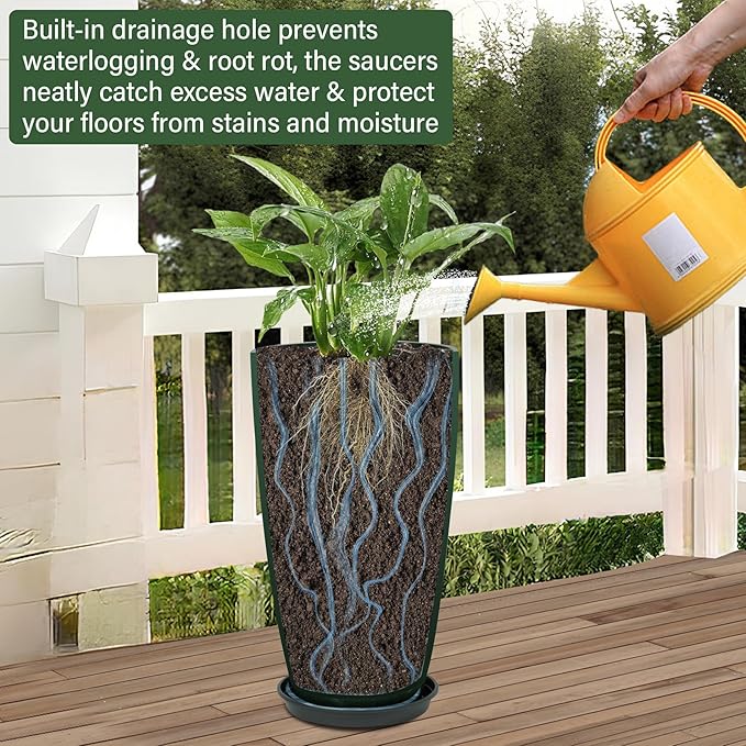 24/21/12 Inch Large Plastic Planter, Lightweight Ceramic-Look Tall Planters with Drain Hole & Saucers, Tall Plastic Planters for Porch, Garden, Patio, Balcony(Dark Green)