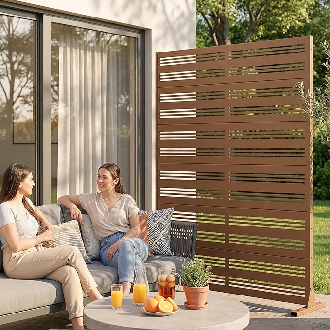 Casaphoria Metal Privacy Screen Outdoor, 72" H x 47" W Freestanding Decorative Privacy Screen for Patio Deck Balcony Garden with Stable Base, Brown-Harold