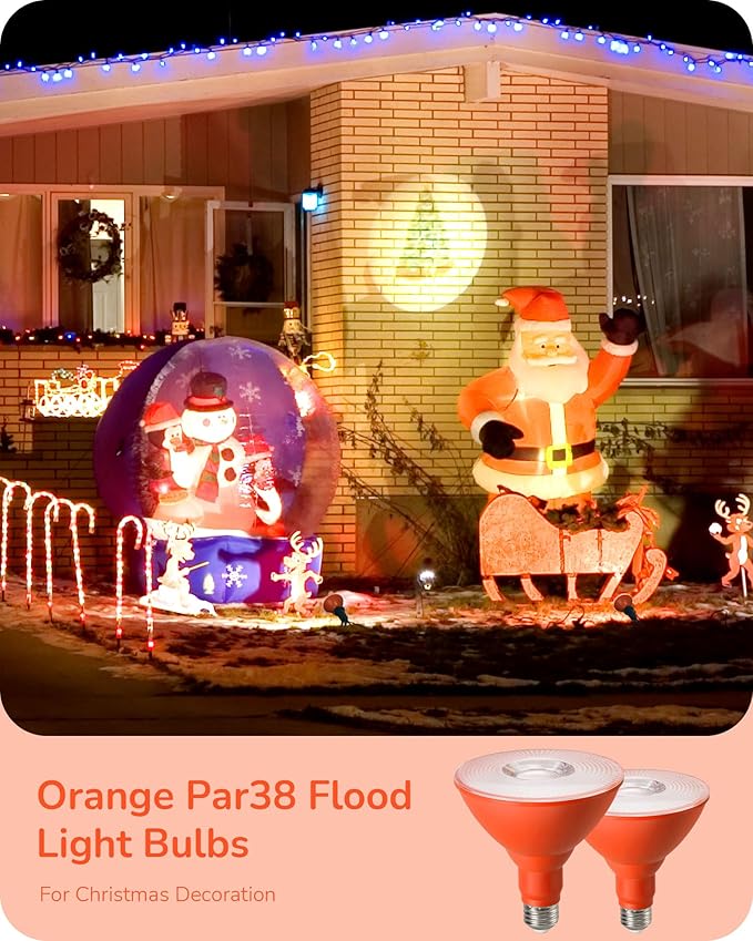EDISHINE PAR38 Orange LED Flood Light Bulbs Outdoor, Dimmable LED Light Bulb, 18W(120W Equivalent), Outdoor Weatherproof Light Bulb for Party, E26 Base, 4 Pack