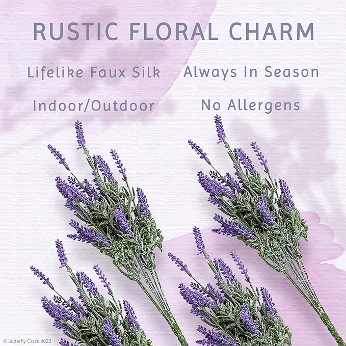 Butterfly Craze Lavender Artificial Flower Stems - UV-Protected Outdoor Artificial Plants - Plastic Flowers for Outdoors - Floral Picks for Weddings & Centerpieces - 4 Pack, 14.5"-16.5"