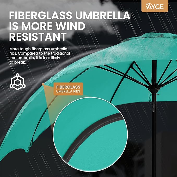 Ayge 9FT Large Outdoor Patio Umbrella Market Table Umbrella-UV Resistant, Easy Push Button Tilt and Crank, 8 Sturdy Fiberglass Ribs Heavy-Duty Pool Umbrella for Deck, Backyard,Garden,Turquoise