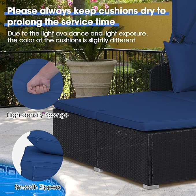COSTWAY Outdoor Daybed with Retractable Canopy, Wicker Patio Furniture Set with Cushioned Pillows, Patio Rattan Daybed for Deck, Backyard, Poolside (Navy)