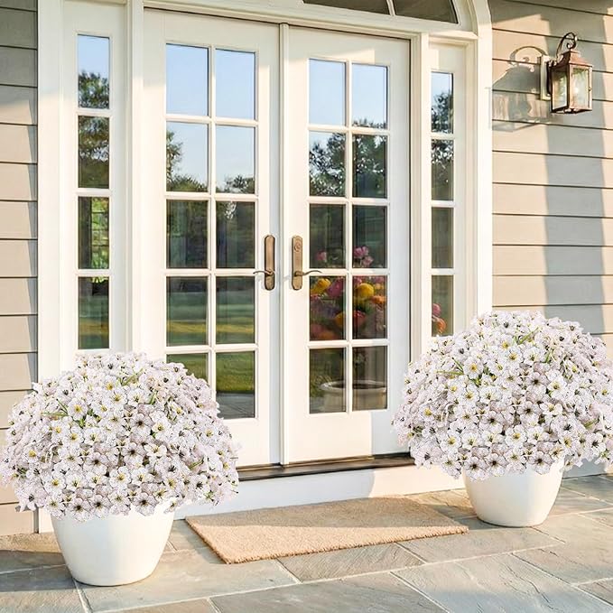22 Pack Artificial Flowers Outdoor Fake Plants, Faux Flowers UV Resistant with Plastic Plants, Faux Silk Flowers for Outdoors Outside Front Porch Hanging Planter Window Box Garden Decoration(White)