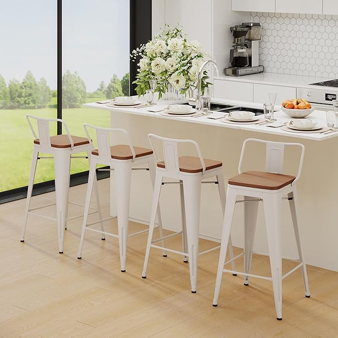 Yongchuang 30 inch Bar Stools Set of 2 Kitchen Bar Height Chairs with Wood Seat Industrial Low Back Metal Barstools Cream White