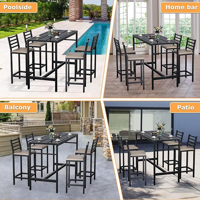 5 Piece Outdoor Patio Bar Set, 54.7" Rectangular Counter Height High Top Bar Tables, 4 Cushioned 41" Bar Stools, Metal Bar Table and Chairs Set for Poolside, Balcony, Backyard, Porch