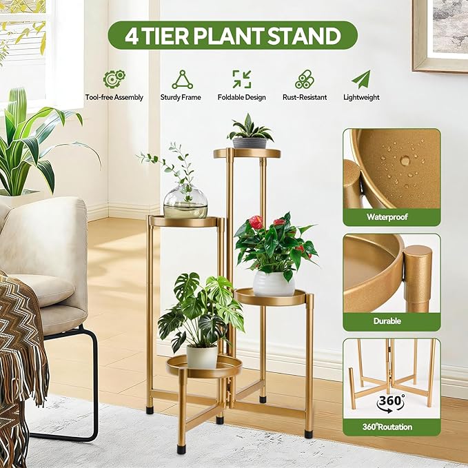 4 Tier 31 Inch Plant Stand Indoor Outdoor, Metal Plant Shelf Waterproof, Plant Holder with Folding Design For Home, Living Room, New Upgrate Gold