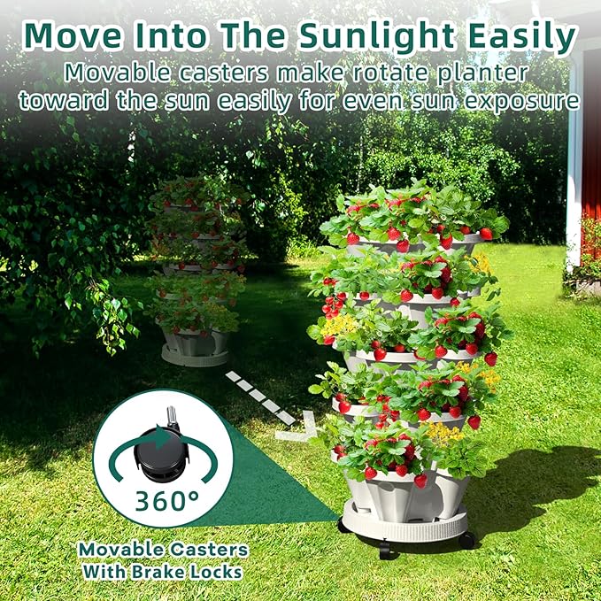 6 Tiered Strawberry Planters, Vertical Garden Tower, Stacking Planter with Support Pole, Stackable Herb Vegetable Planters Indoor and Outdoor - Black