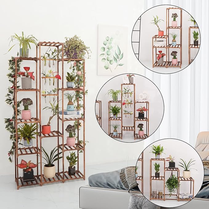 XXXFLOWER Plant Stand Indoor Outdoor 13 Tiers Wood Plant Shelf for Multiple Plants ，Large Plant Rack for Window Garden Balcony Patio Porch Living Room