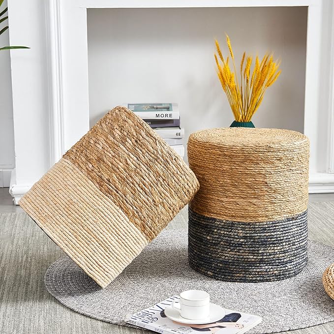 Wimarsbon Round Pouf Ottomans, Handwoven Natural Water Hyacinth Seagrass Pouffe,Outdoor Rattan Stool Accent Seat, Bohemian Coastal Home Decor (2pcs 14inch Natural Cattail-Blue)