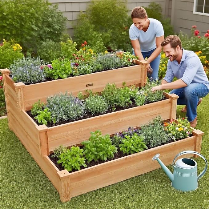 3-Tier Raised Garden Bed with Fabric Liner, Wood Elevated Planter Box with Dovetail Joint Design, 3 Dividable Bed Kit for Vegetables/Herbs/Flowers, Outdoor Gardening for Patio, Lawn, Balcony