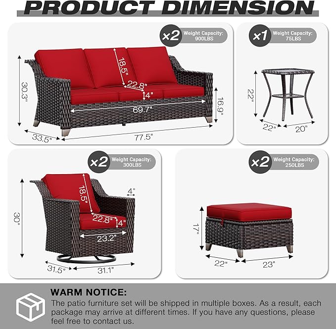 Joyside Wicker Patio Furniture Sets, 7 Pieces Upgraded Large Size Outdoor Furniture with Swivel Rocking Patio Chairs, Two 3-Seat Sofa, Outdoor Ottoman, Thick Cushions, Wide Armrest, Red
