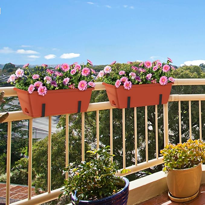 CADUKE Railing Planter Boxes Deck 2 Pack Railing Flower Box with Adjustable Bracket 17 Inch Window Boxes Rectangle Window Deck Hanging Planters Boxes for Outdoor Patio, Red