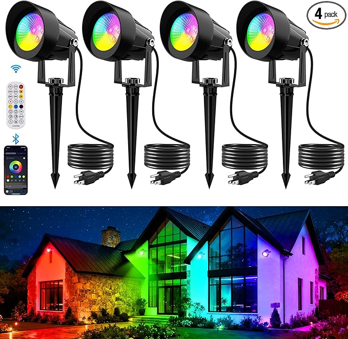 RGB Color Changing Spotlights Outdoor, LED Landscape Lighting with Remote/APP Control, Music Sync & Timing Mode, IP65 Waterproof Outdoor for Yard Garden Pathway Christmas Halloween, 4 Pack