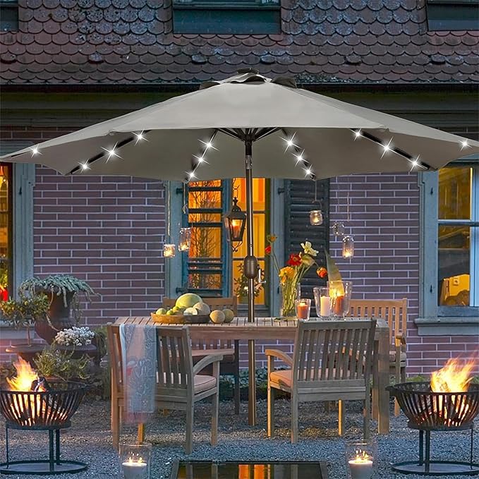 Blissun 9 ft Solar Umbrella, 32 LED Lighted Patio Umbrella, Table Market Umbrella, Outdoor Umbrella for Garden, Deck, Backyard, Pool and Beach (Grey)