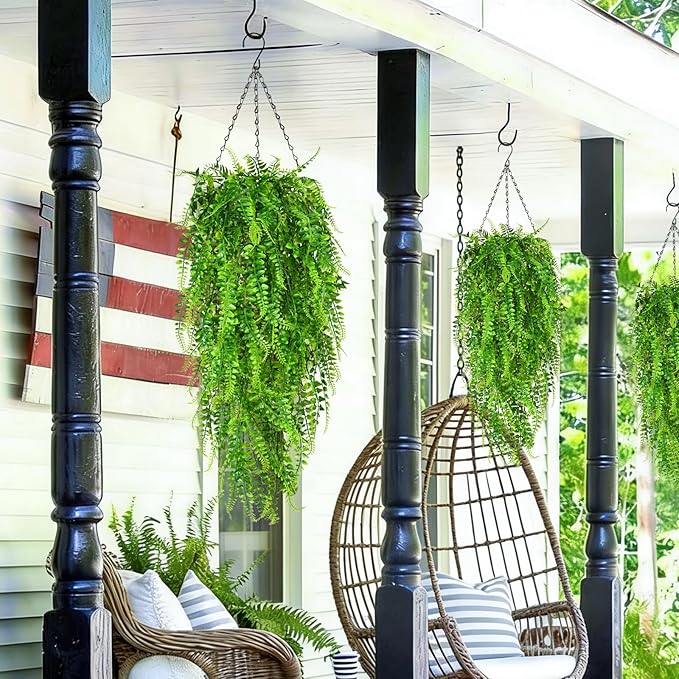 Waipfaru 4Pcs Fake Ferns Fake Hanging Plants Artificial Ferns for Outdoors，UV Resistant Plastic Fake Plants for Indoor Wall Porch Wedding Party Holiday Decor