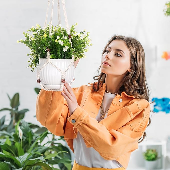 YIBOT 3 Pack Macrame Plant Hangers Indoor Different Size Hanging Planter Basket Flower Pot Holder with Beads No Tassels 35"/29"/23"(POTS NOT Included)