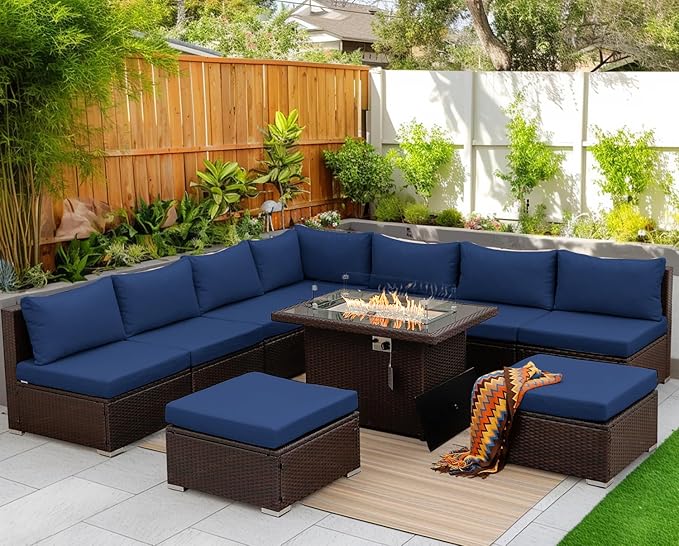NICESOUL 10 Piece Outdoor Couch Set with Fire Pit Natural Gas/Propane, 29.3'' High Backrest Comfy Sectional Patio Furniture, Large Wide Seating Sofa for Outside, Brown Rattan and Navy Blue Cushion