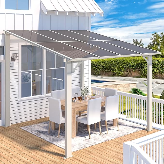 AECOJOY 8' x 8' White Gazebo Outdoor Pergola for Patio, Small Wall-Mounted Hard Top Lean to Metal Gazebo Shelter Pergolas and Gazebos Clearance with Patio Roof, Heavy Duty Awnings for Backyard