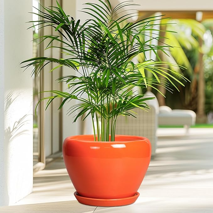 Ceramic Pot for Plants - 10 Inch Plant Pot with Drainage Hole and Saucer, Modern Round Glaze Planter for Indoor Outdoor Plants, Plant Lover Gifts, Home Garden Office Decor, Orange