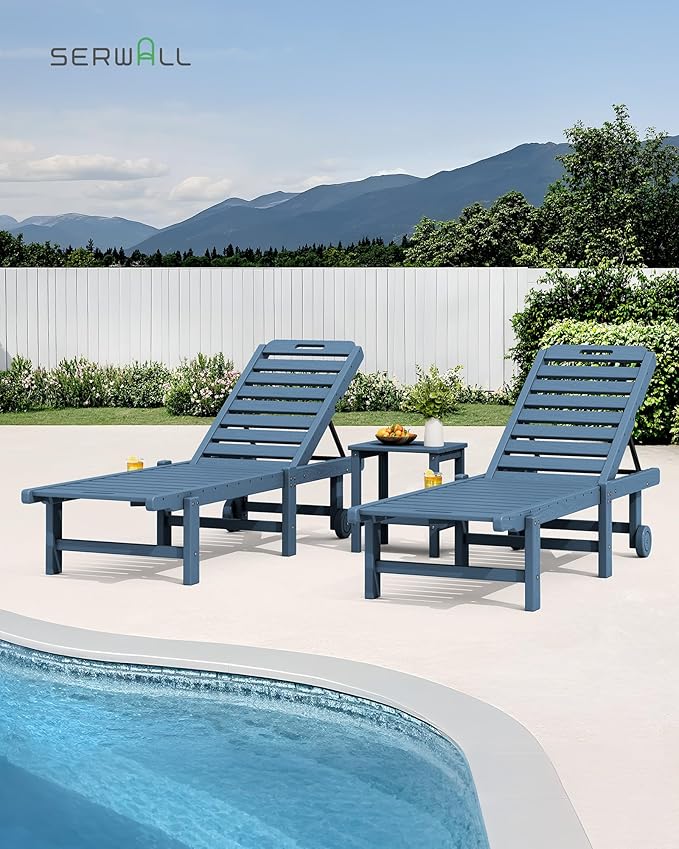 SERWALL Outdoor Chaise Lounge Set of 8, HDPE Pool Lounge Chairs with 5-Position Adjustable Backrest, Patio Loungers with Rolling Wheels & Cup Holder for Pool Sunbathing, Navy