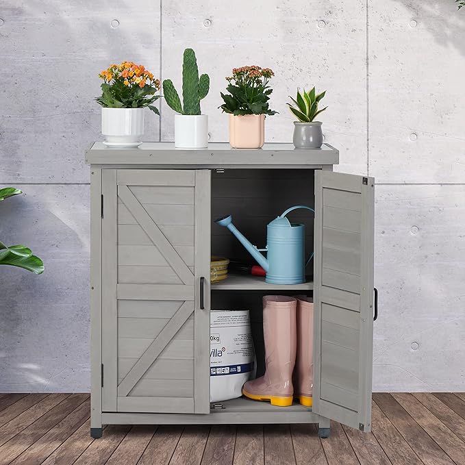 Outdoor Potting Bench with Storage Cabinet and Metal Top, Wood Workstation for Outdoor Patio, Garden (Dark Grey, 31x17x36‘’)