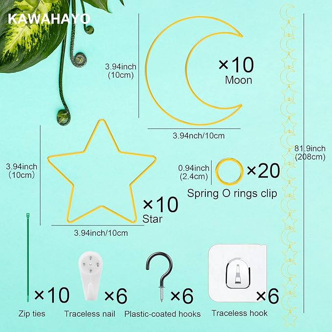 20 Pcs Plant Trellis for Climbing Plants, Chain Trellis, Garden Plant Wall Trellis, Vine Support Houseplant Accessories for Monstera, Pothos, Ivy, Climbing Plants Indoor Outdoor (Gold Moon and Star)
