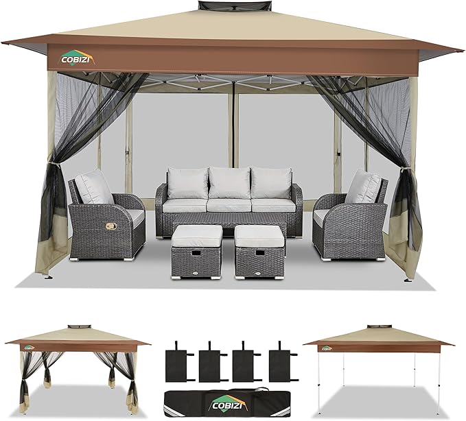 COBIZI 13x13 FT Pop up Gazebo on Clearance - Outdoor pop up Canopy Tent,carpas para Patio, Shelter - Screen Tents with Portable Carry Bag, Patio Gazebos for Camping,Garden,Deck,Backyard,Khaki