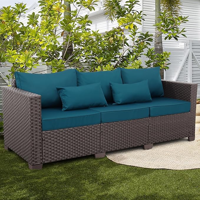 Outdoor Couch 3 Seater Sofa Outdoor Furniture Deep Seat High Backrest Patio Couch with Non-Slip Cushions and Waterproof Cover, Peacock Blue