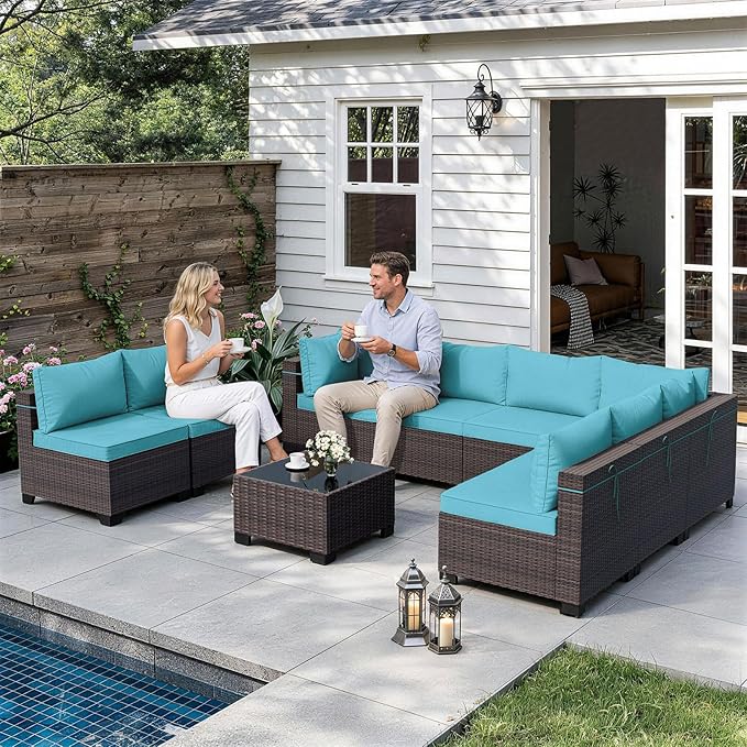 ALAULM Patio Furniture Set with Coffee Table, 9 Pieces Outdoor Sectional with Wide Seat and Thick Cushion, All Weather Wicker Rattan Conversation Set for Backyard, Garden, Deck, Turquoise