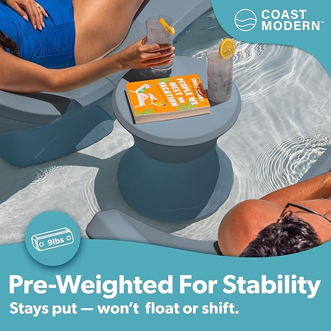 Coast Modern Outdoor Side Table - Lounger Table for Inside Pool or on Patio - All-Weather Furniture for Sun Shelf Up to 15" - Stone Blue