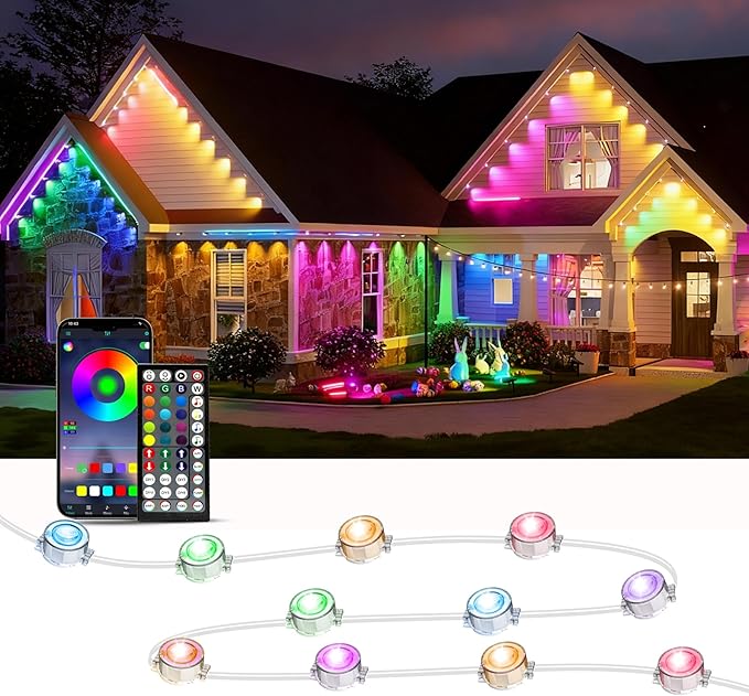 RGB Permanent Outdoor Lights, 50FT LED Eaves Lights with Smart App Remote Control, IP67 Waterproof, Music Sync, Timing Function for Christmas, Party, All Holiday Decorations