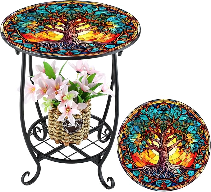Outdoor Side Table Round Small Mosaic Patio Accent Indoor End Plant Coffee Tea Table for Yard Patio Porch Garden Living Room, Bedroom(Tree Style,14 Inch)