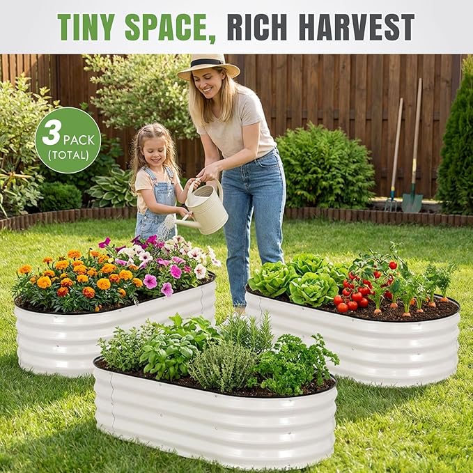 INNO STAGE 3Pcs Galvanized Raised Garden Bed Kit, Outdoor Metal Raised Garden Beds for Vegetables, Rust-Resistant & Easy Assembly, 4x2x1ft Oval Raised beds for Gardening, Flowers, Herbs (White)
