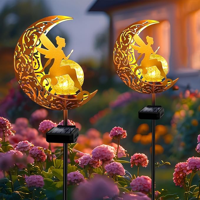 YJFWAL 2 Pack Garden Solar Lights Pathway Stake Lights Moon Fairy Glass Globe with Angel Decor, Birthday Christmas Gift for Mom Grandma Friends, Outdoor Decor Light Waterproof for Walkway, Yard, Patio