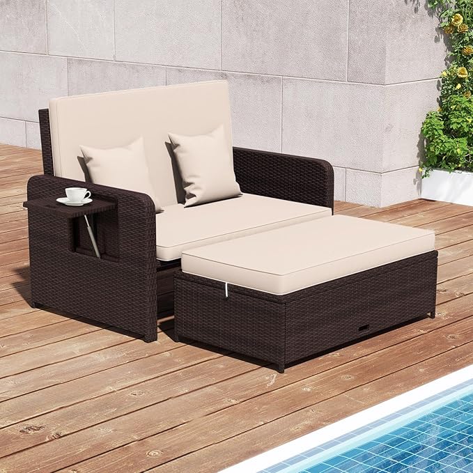 Nightcore Wicker Patio Outdoor Daybed, Outdoor Chaise Lounger w/ 4-Level Adjustable Backrest, Retractable Side Trays, Storage Ottoman, Comfortable & Removable Cushions, Rattan Loveseat (Beige)