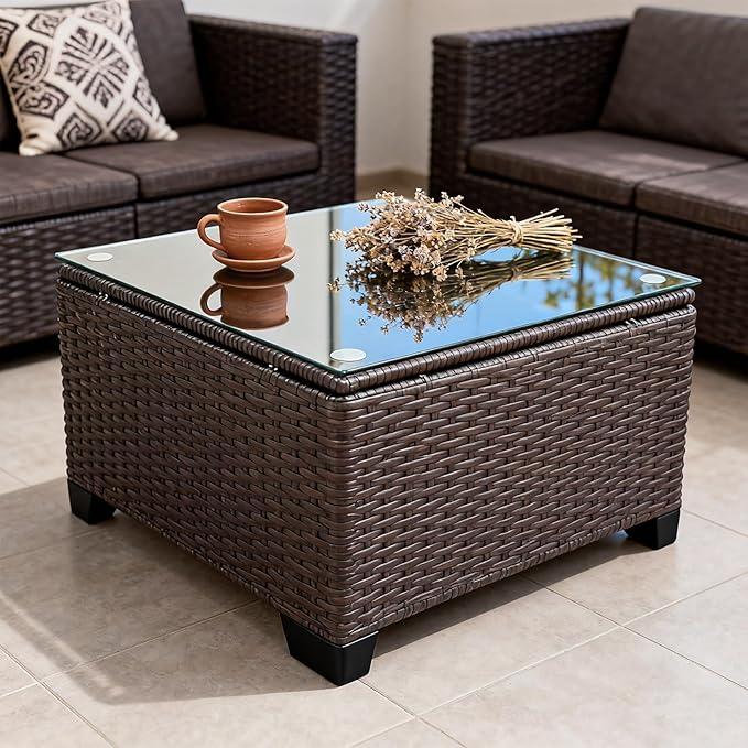 Wicker Patio Furniture - Square Outdoor Coffee Table, with Tempered Glass Tabletop & Rust-Resistant Coated Steel Frame, Compatible with Sectional Sofas, Ideal for Garden, Pool, Balcony, Black
