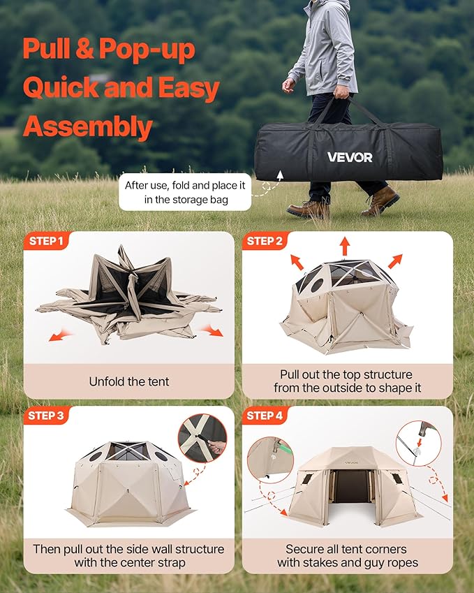 VEVOR Pop up Gazebo Screen Tent, 15 x 15 ft, 13-Sided Spherical Camping Canopy Tent with Removable Top & Carry Bag, Quick-Set & Bite-Proof, Screen House Sun Shelter for 12-15 Persons, Beige