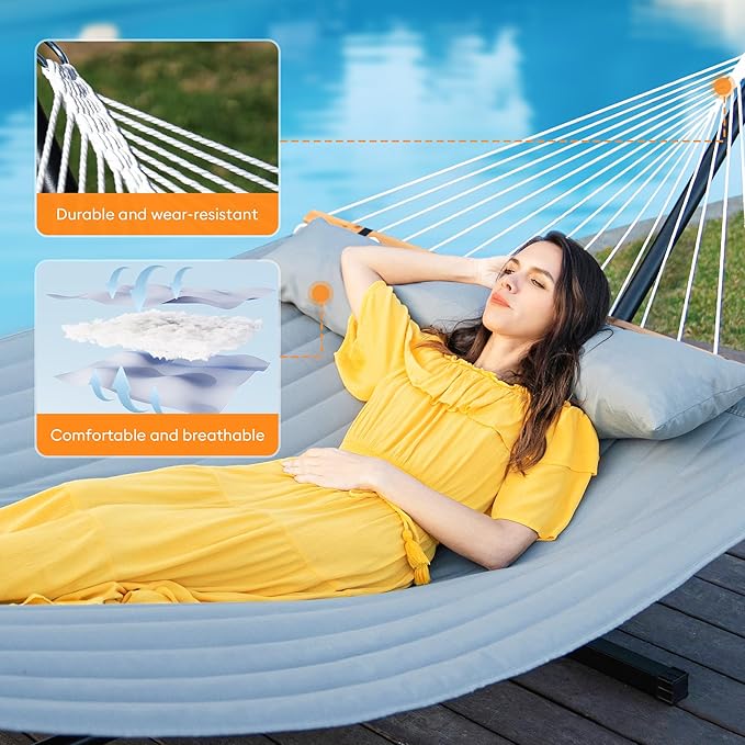 Double Hammock with Spreader Bar & Pillow, Portable 500lbs Capacity for Outdoor, Camping, Patio, Backyard Relaxation,Gray