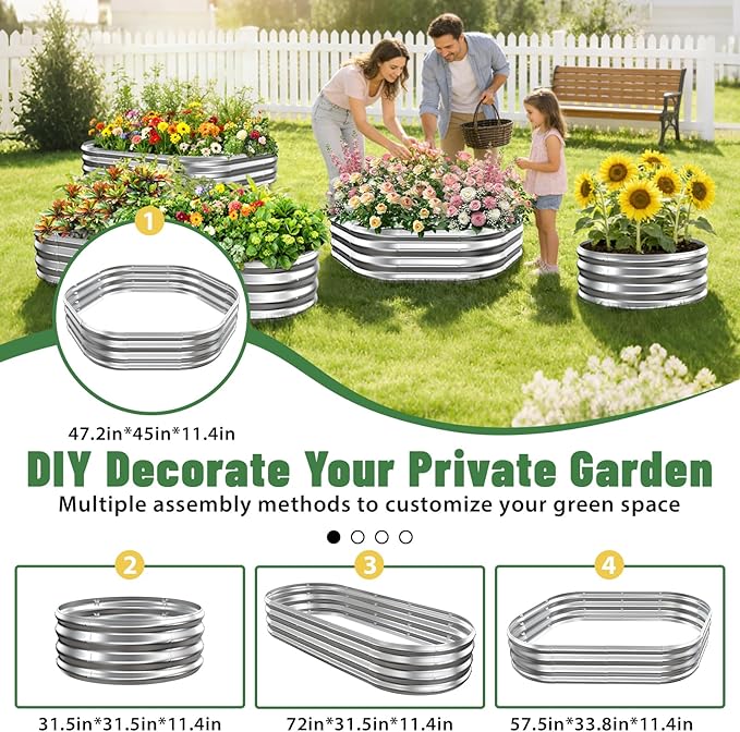 Hexagon Raised Garden Bed, 48 Inch Diagonal & 12 Inch Tall, Galvanized Steel Planter Box with Wave-Shaped Metal Panels for Outdoor Flower,Tree,Herb & Vegetable Garden (Silver, 4FT X 1FT)