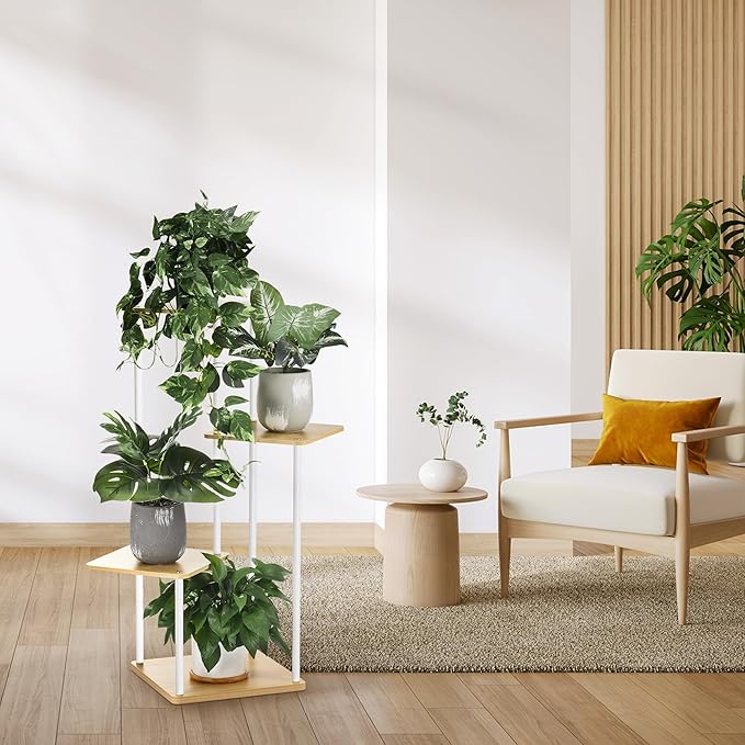 4 Tier Plant Stand Indoor Outdoor, Wood Metal Corner Shelf, Multiple Flower Pot Rack Holder Shelves, Planter Shelf Display Storage Organizer for Patio Living Room Balcony (White)