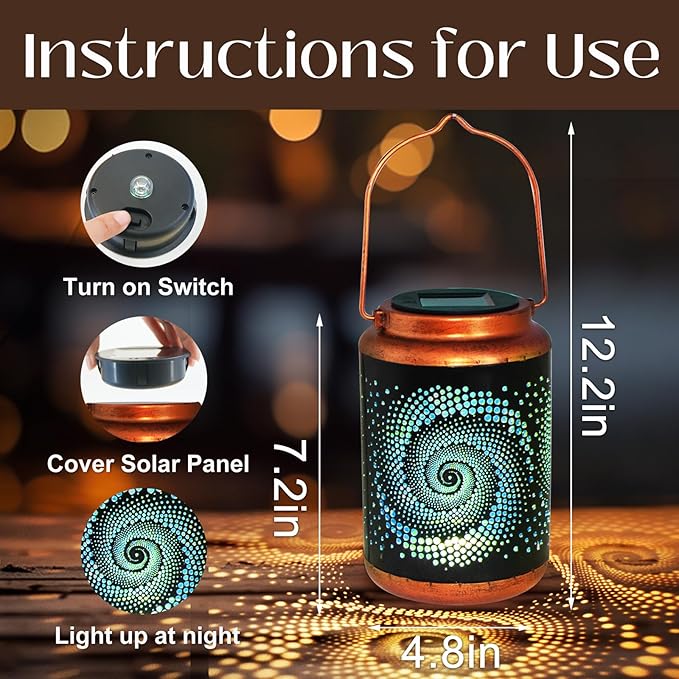 2 Pack Solar Lanterns Outdoor Hanging Metal Waterproof LED with Solar Powered Garden Patio Decorations Decor with Handle Christmas Gift Idea