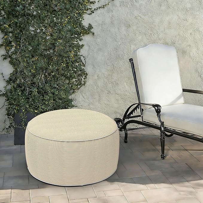 LVTXIII Indoor/Outdoor Extra Large Inflatable Ottoman Pouf D31 x H14 Inch, Round Footstool with Handle, Weather-Resistant Portable Furniture for Patio, Camping, Beach, Stripe Beige