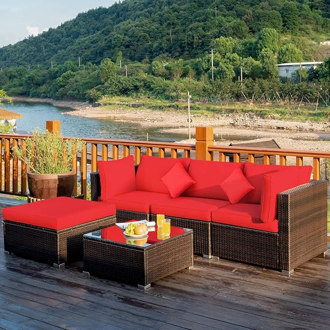 Tangkula 5 Pieces Patio Rattan Furniture Set, Outdoor Sectional Rattan Sofa Set with Back & Seat Cushions, Wicker Conversation Set with Tempered Glass Table for Backyard Porch Poolside (Red)