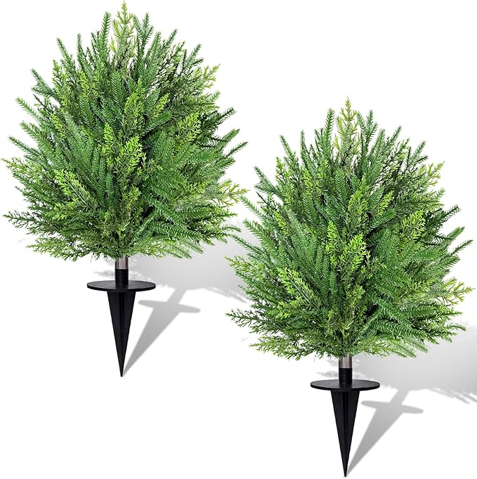 2 Pack Artificial Cypress Topiary Ball Trees with Ground Spike, 24" Norfolk Fake Bushes Shrubs UV Resistant Faux Plants Greenery for Outdoor Planters Garden Front Porch Pot Urn Fillers Spring Decor