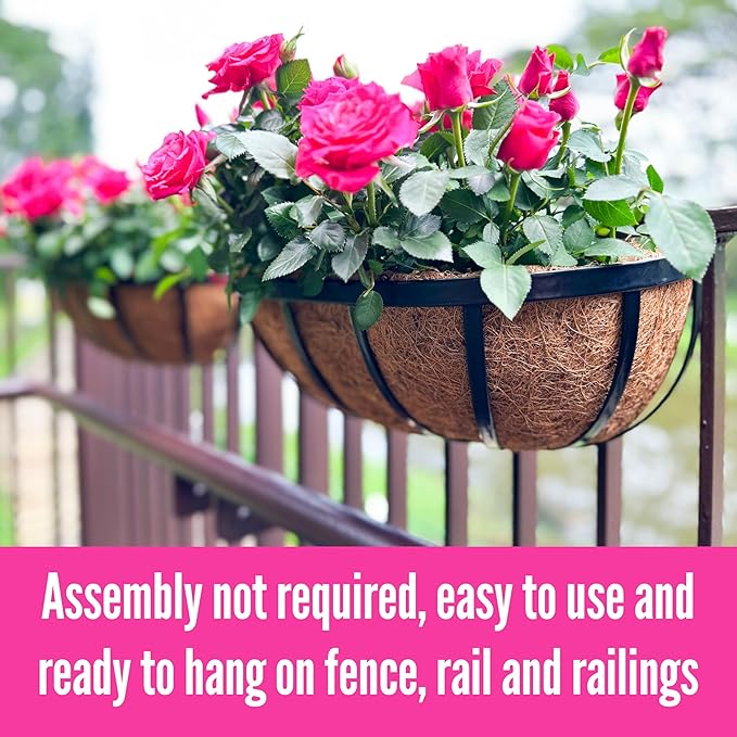LaLaGreen Deck Railing Planter Boxes (16 Inch, 4 Pack) Black Metal Rectangular Hanging Planters with Coco Liner, Adjustable Flower Planter Box Brackets for Plants Fence Balcony Patio Porch Over Rail
