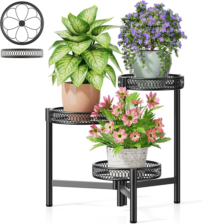 3 Tier Metal Plant Stand Indoor Outdoor, Corner Tall Plant Shelf for Multiple Plants, Foldable Heavy Duty Plant Holder, Decoration Flower Pot Stand for Patio Living Room Balcony Garden - BlackFlower